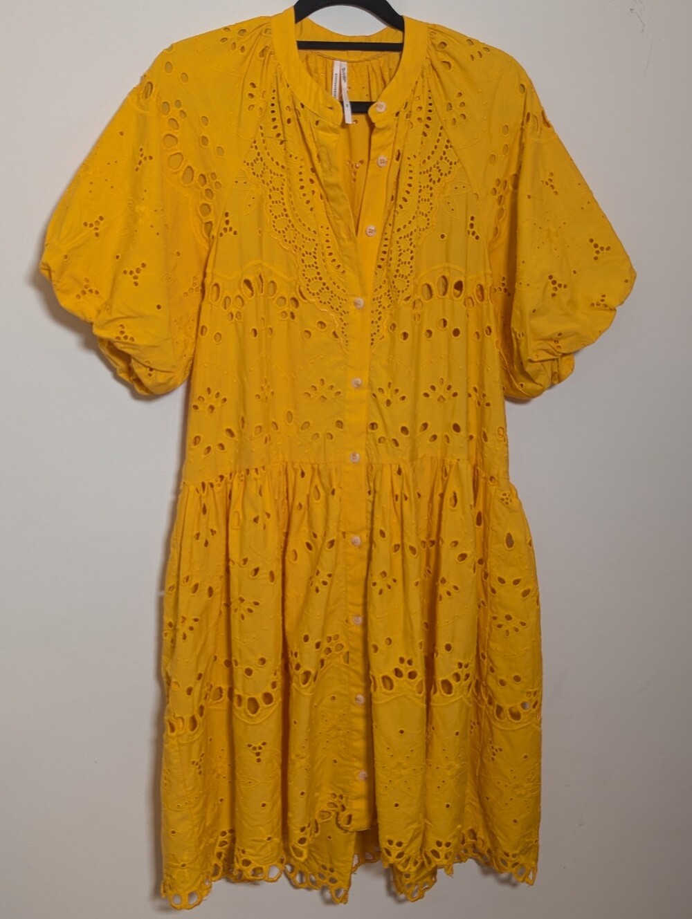 Anthropologie Tallulah Eyelet Mini Dress XS Mango Yellow Cotton Puff Sleeve